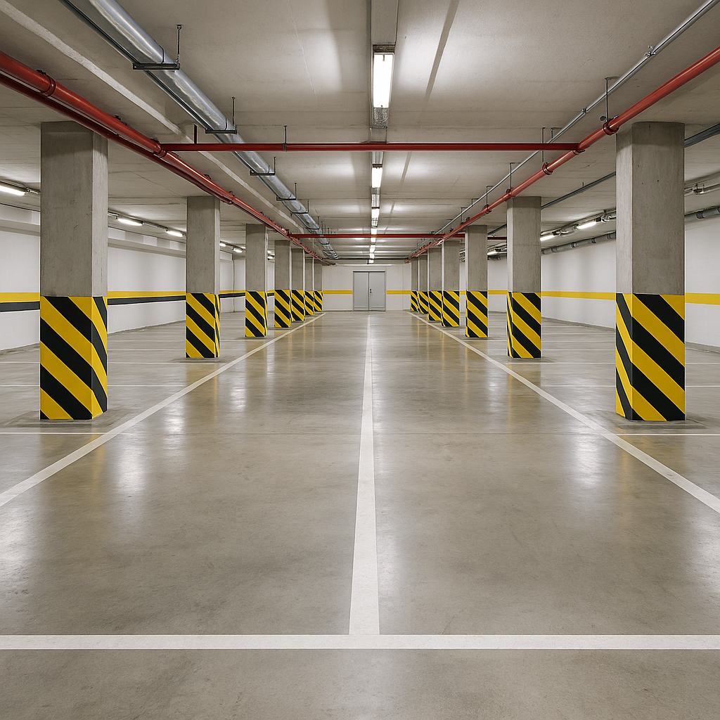 Profesjonalnie umyta hala garażowa z wyraźnymi liniami i czystą posadzką — bez plam z oleju i paliwa