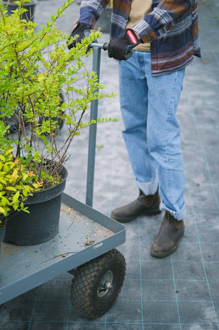Crop anonymous gardener in casual clothes and gloves standing near gardener cart with lush green potted plant